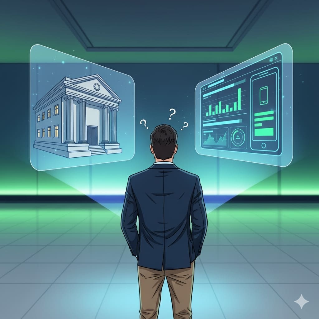 Inversor dudando entre elegir fondos de inversión en un banco tradicional o en una fintech, representado con hologramas comparativos de ambas opciones.