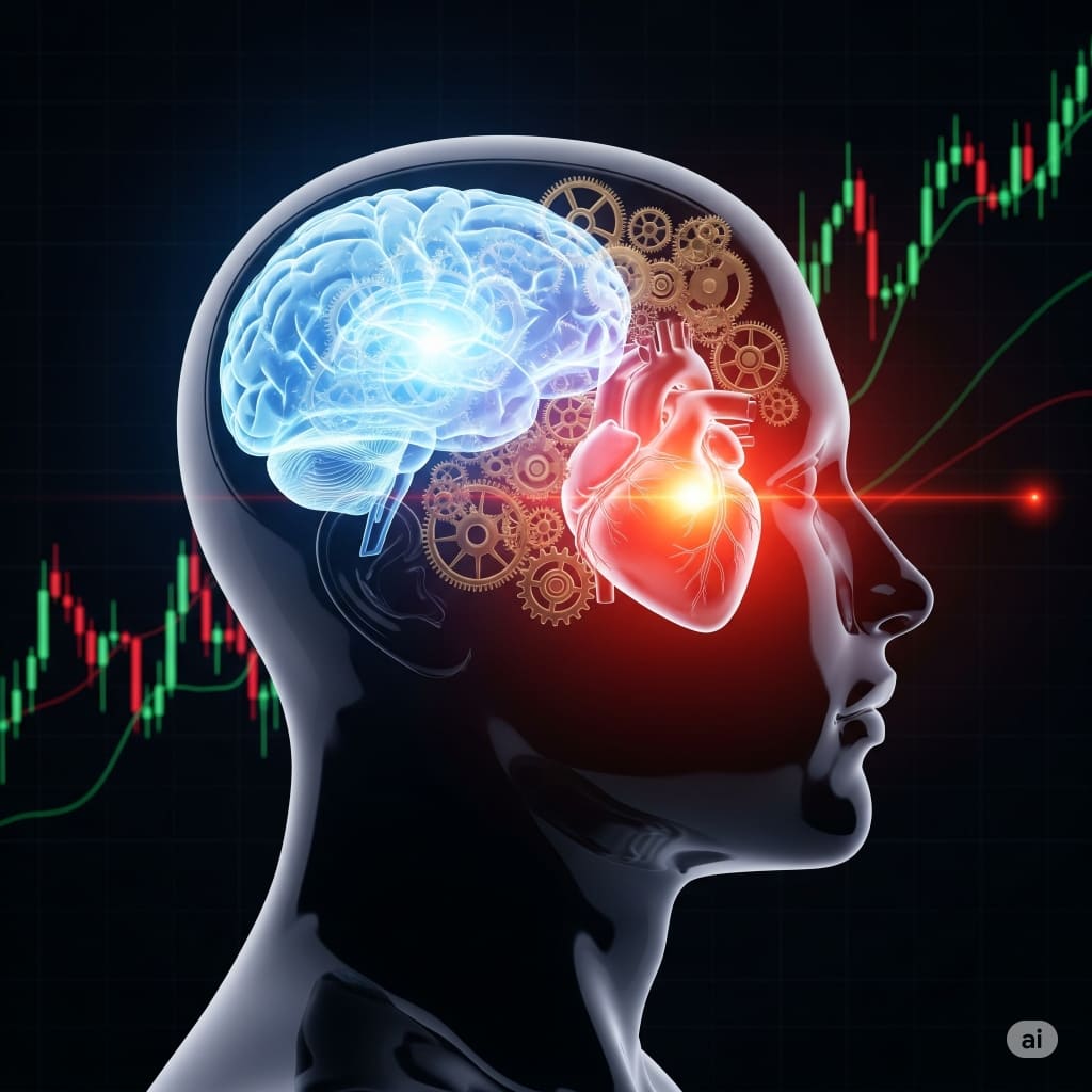 Imagen conceptual sobre la psicología del inversor, mostrando cómo la lógica (cerebro) y la emoción (corazón) deben equilibrarse para controlar las emociones al invertir con éxito.