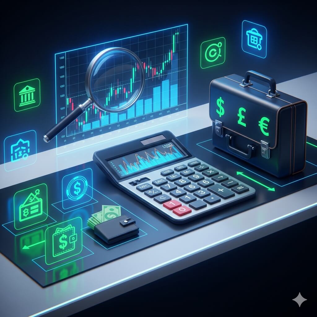 Ilustración de herramientas de inversión para principiantes, como una calculadora financiera, gráficos de bolsa y una billetera digital.