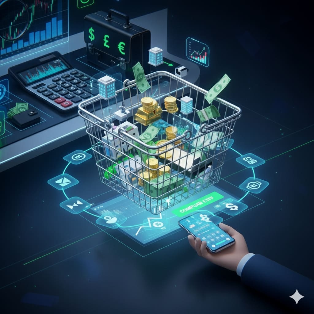 Cesta de la compra con elementos financieros como acciones, bonos, oro y un globo terráqueo, representando la diversificación y sencillez de los ETF para invertir.