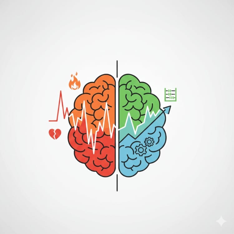 Ilustración de un cerebro dividido. El lado izquierdo, en rojo, representa la emoción y los sesgos cognitivos con gráficos erráticos. El lado derecho, en azul/verde, representa la lógica y la inversión disciplinada con gráficos estables.